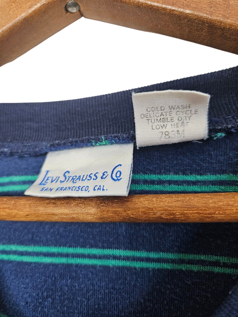 Vintage 80s Levi Strauss & Company Navy Velour V-Neck with Teal Stripes, Medium - Picture 4 of 6